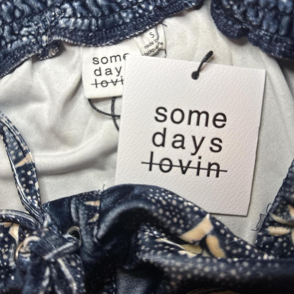 NWT Somedays Lovin Glitter Skies Blue Velvet Lace Up Flare Bell Bottoms — SMALL - Picture 2 of 7